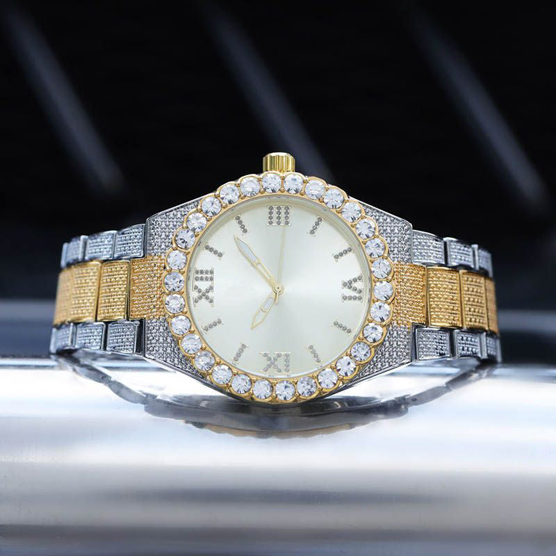 Iced Roman Numerals Two-Tone Watch - 43mm Gold & White Gold