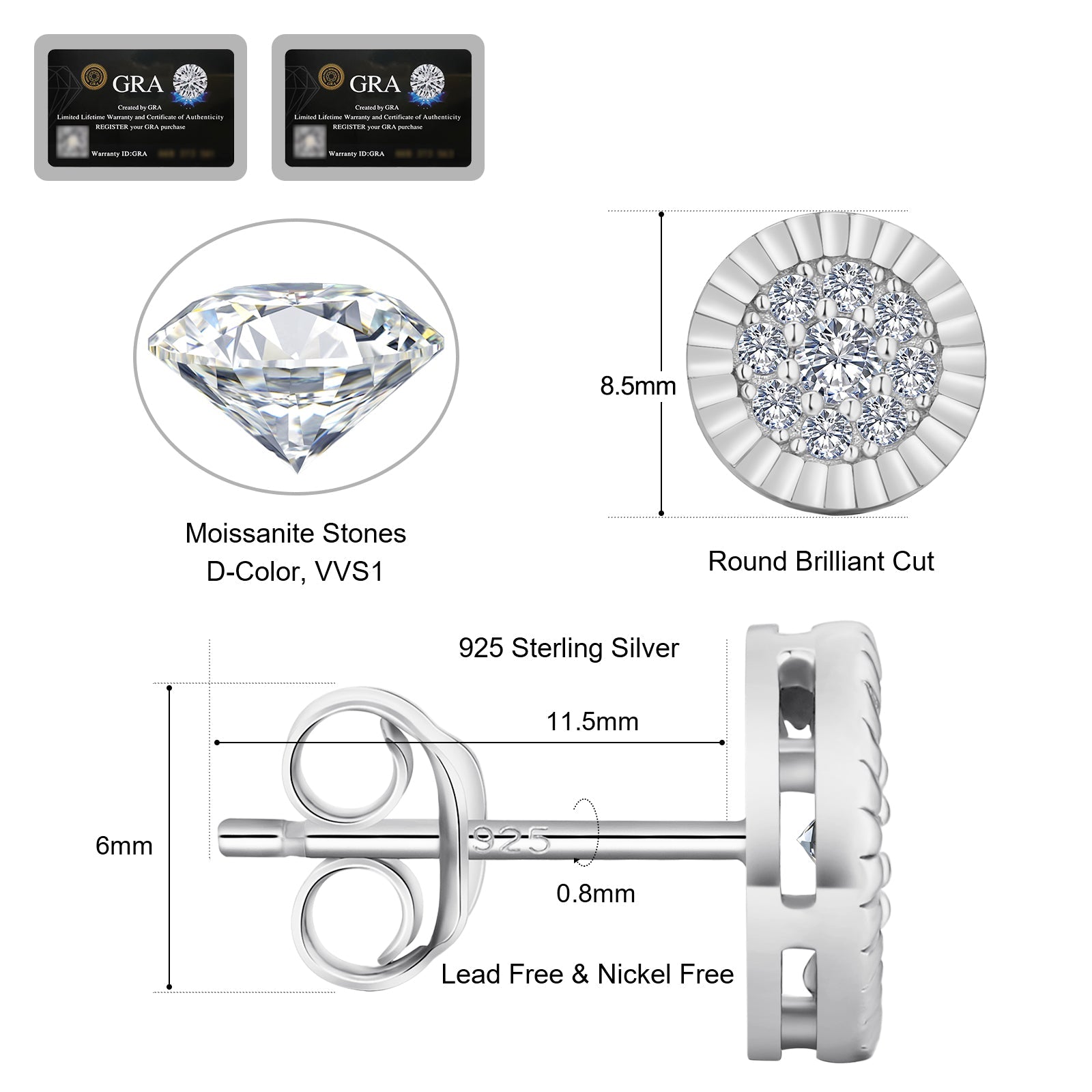 S925 & VVS1 Moissanite Round Excellent Earrings（0.5 Carats *2）