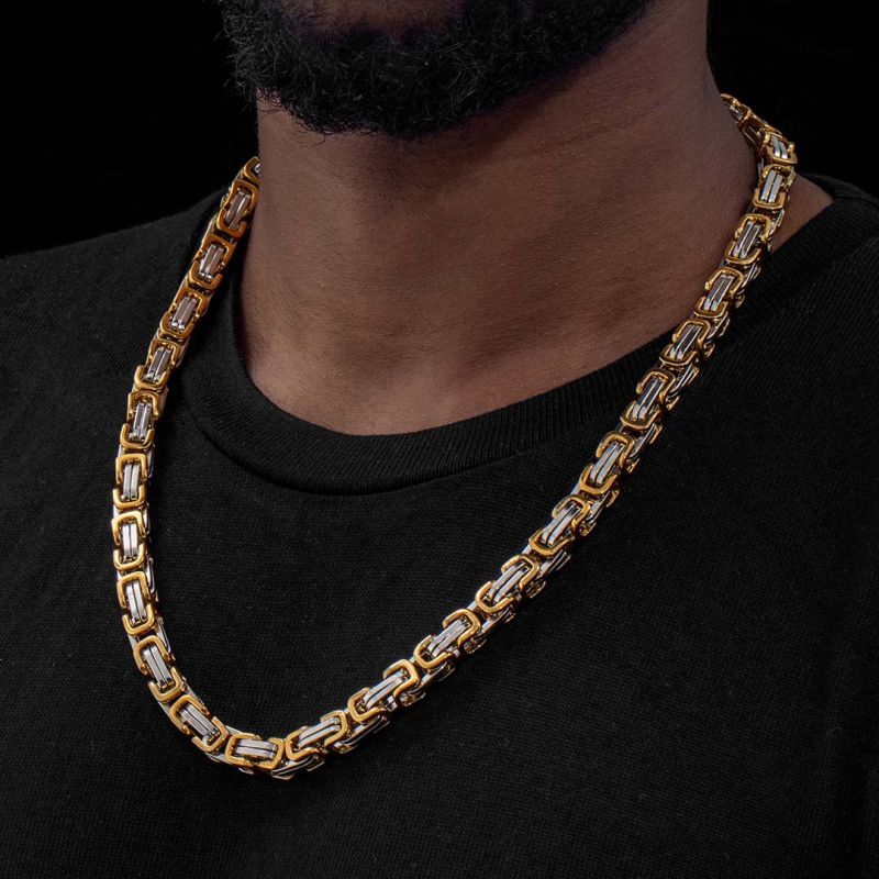 8mm Gold & Silver Titanium Steel Byzantine Chain