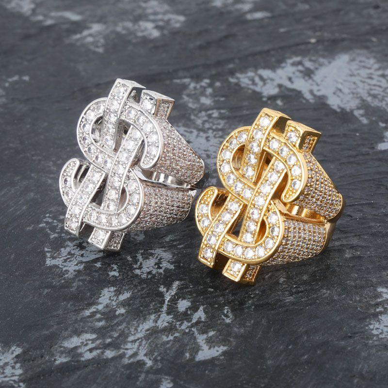 Iced Moissanite Money Dollar Sign Ring in Gold