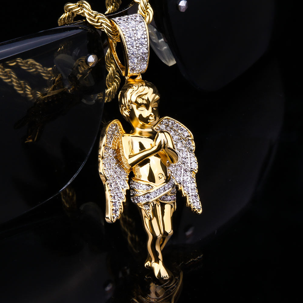 Iced Out Mens Angel Moissanite Pendant Necklalce in 14K Gold/White Gold