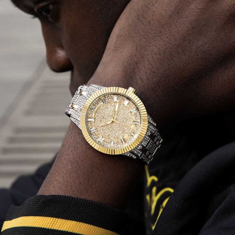 Iced Baguette Two-Tone Watch - 43mm Gold Dial