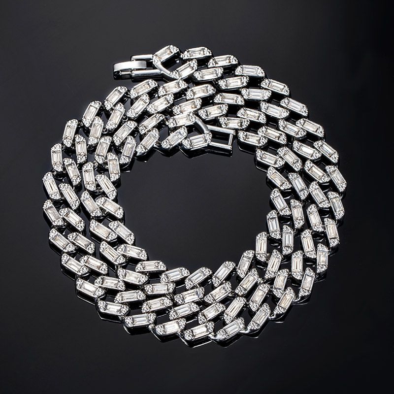 13mm Baguette Cut Cuban Chain and Bracelet Set in White Gold