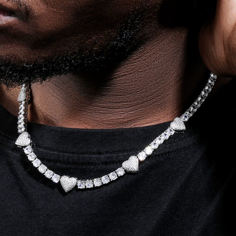 5mm Moissanite Heart and Iced Basketball Tennis Chain in White Gold