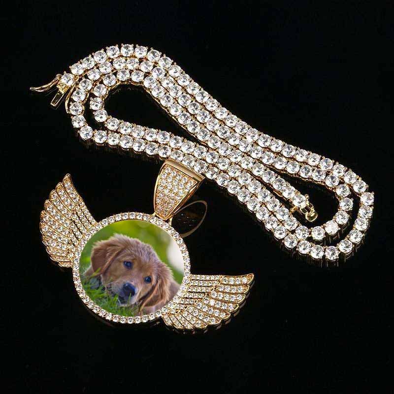 Custom Angel Wing Moissanite Necklace-Best Gifts For Men- Necklace With Picture Inside