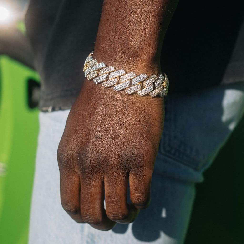 19mm Moissanite Prong Cuban Bracelet 2 Tone Gold & White