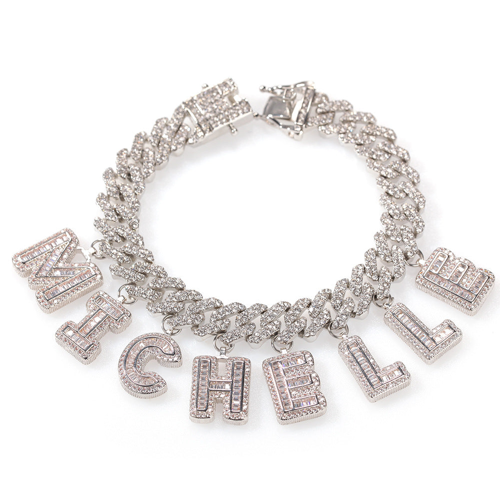 12mm Bar DIY Mosaic Alphabet Moissanite Cuban Chain Bracelets