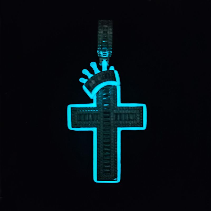 Glow in The Dark Baguette Crown Cross Moissanite Pendant
