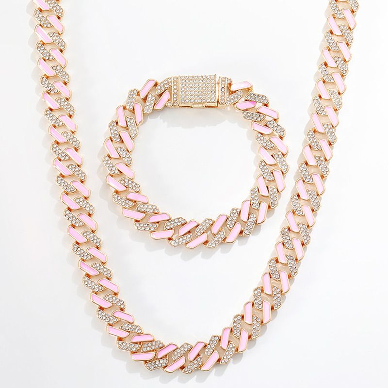 11mm Half Stones and Pink  Cuban Link Choker Set