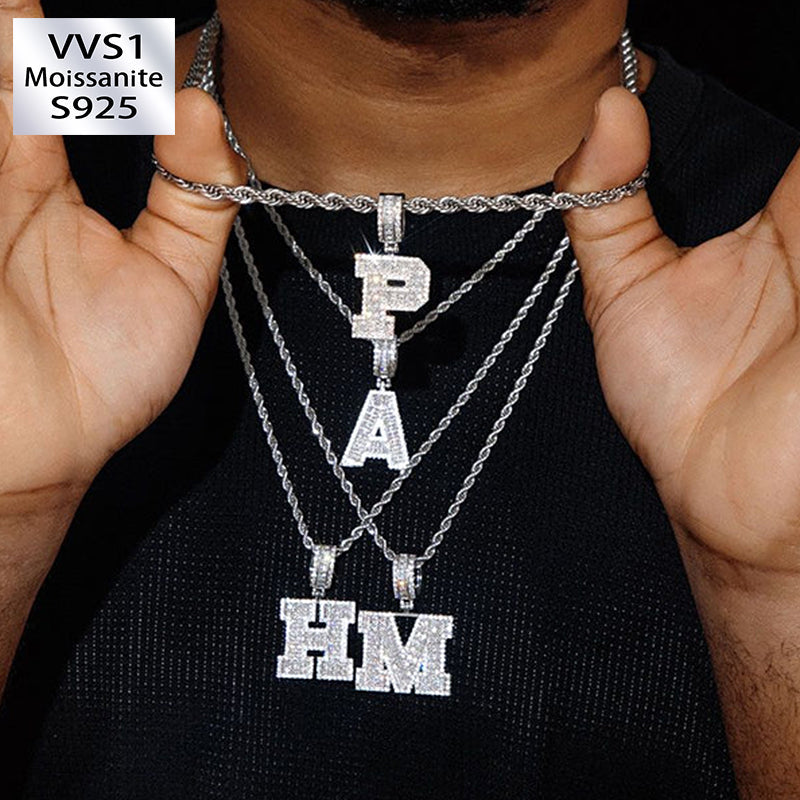 Baguette A to Z Initials Letters Moissanite Pendants in White Gold