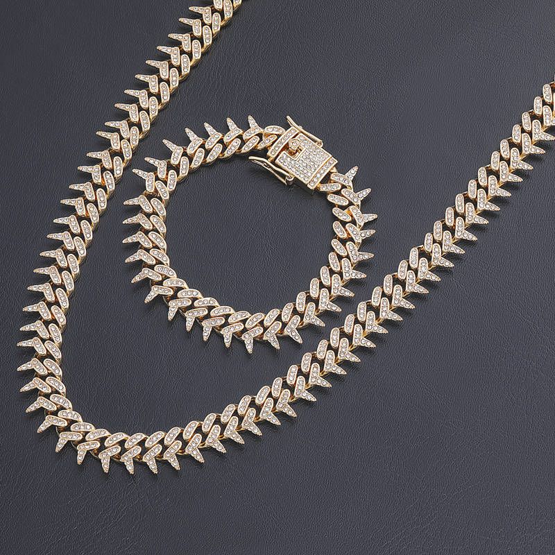 Iced 13mm Moissanite Rivet Spike Thorns Cuban Chain and Bracelet Set