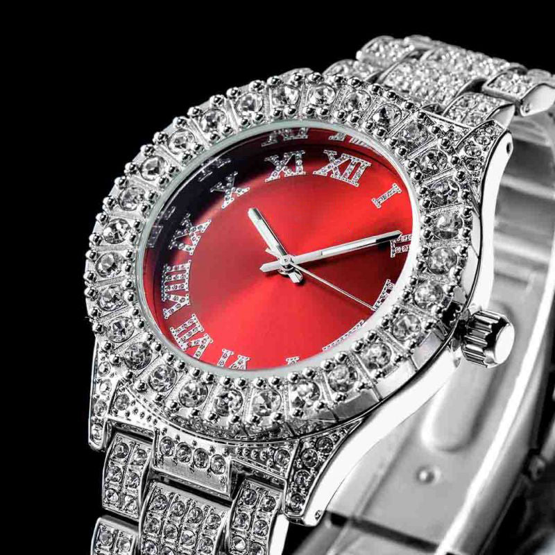 Iced Roman Numerals Watch - Red Dial, 18K White Gold Plated, 45mm