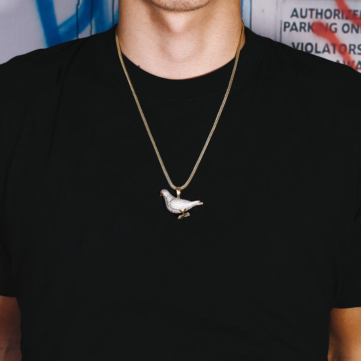 Iced Out Pigeon Mens Moissanite Pendant Necklace in 14K Gold