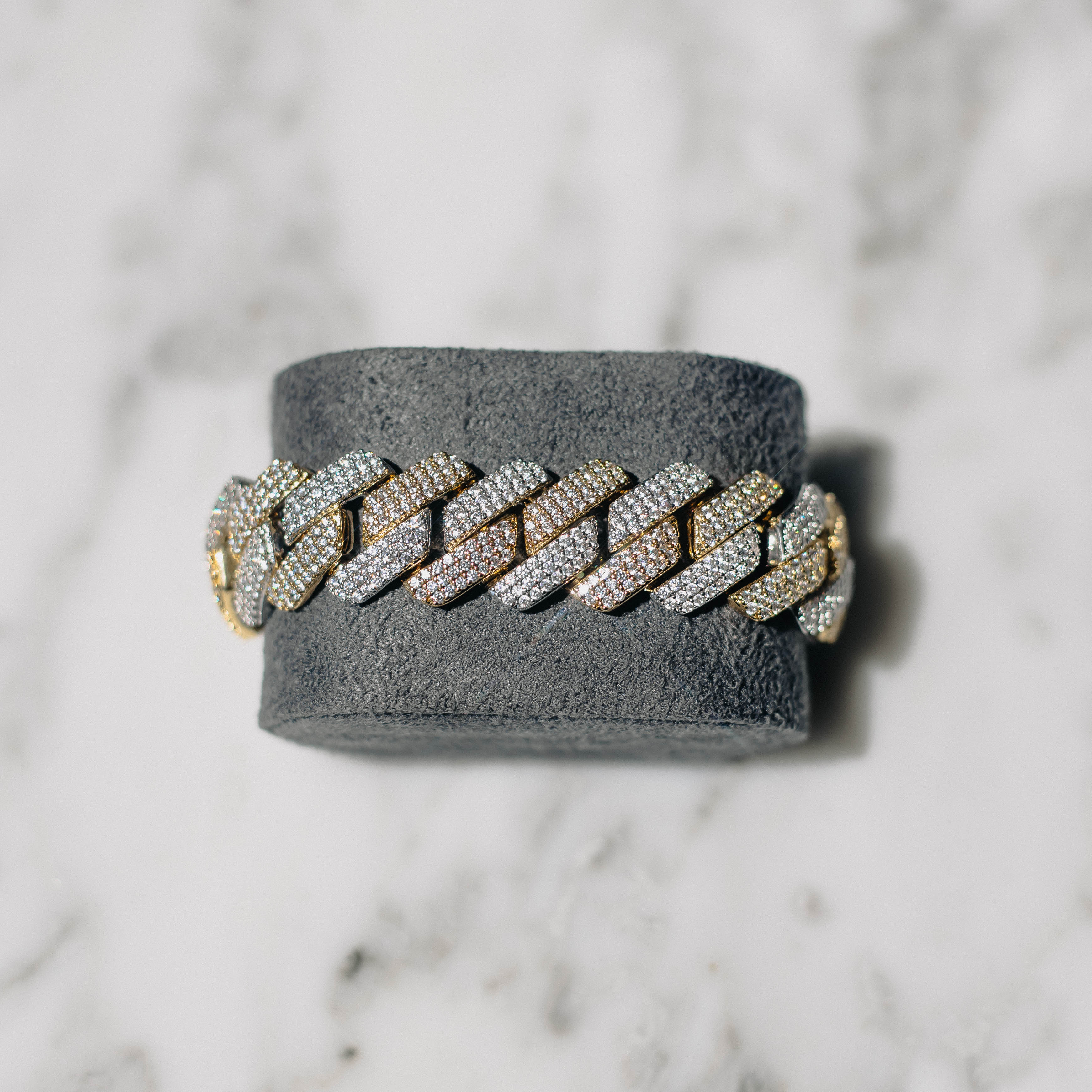 19mm Moissanite Prong Cuban Bracelet 2 Tone Gold & White