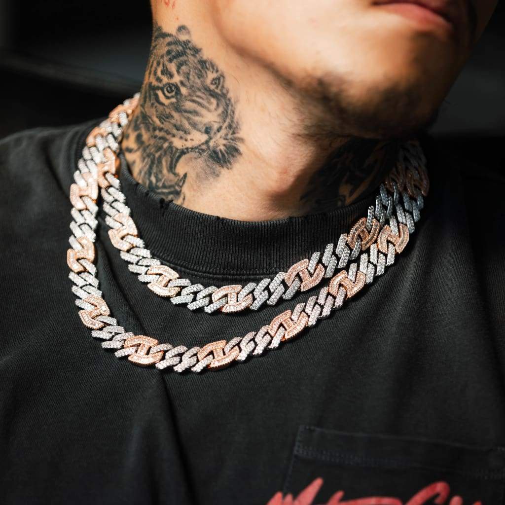 15mm Arctic Bicolor Cuban Chain - 5A CZ, White & Rose Gold Plated