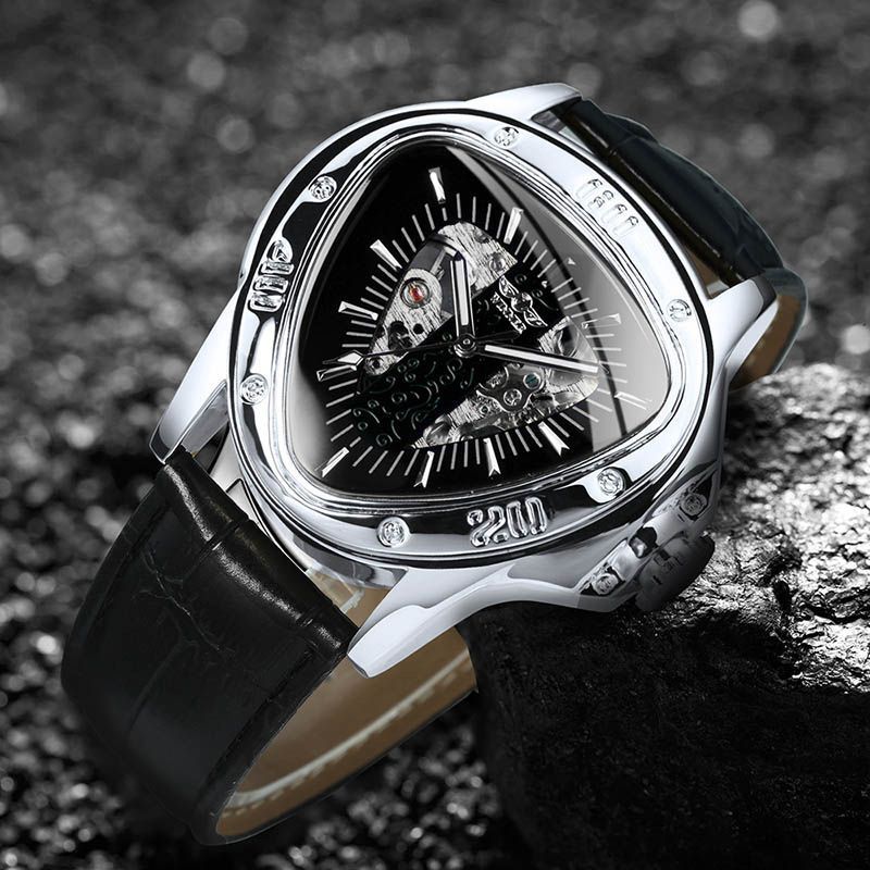 Triangle Skeleton Mechanical Watch with Black Leather Strap