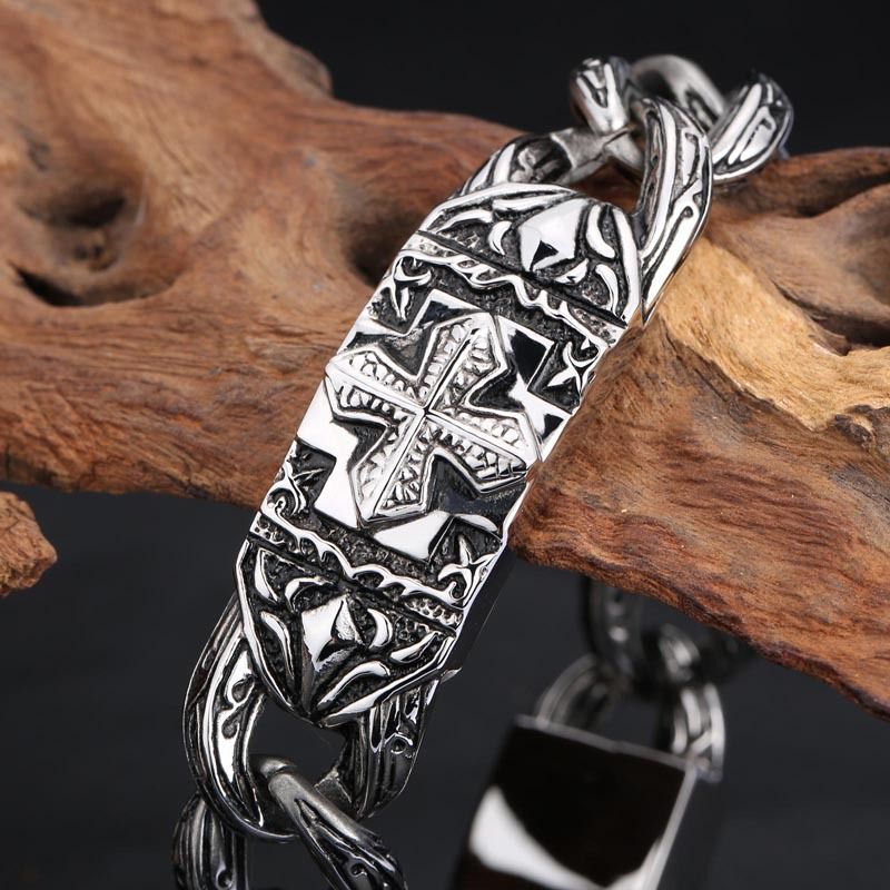 Vintage Cross Totem Stainless Steel Cuban Bracelet