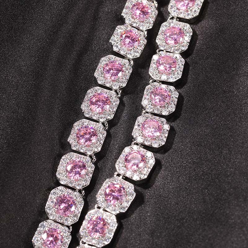 12mm Handset Pink Clustered Moissanite Tennis Chain in White Gold