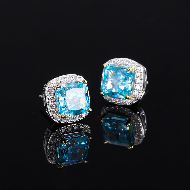 S925 Silver 8mm Diameter Colored Square Moissanite Flower Cut Earrings