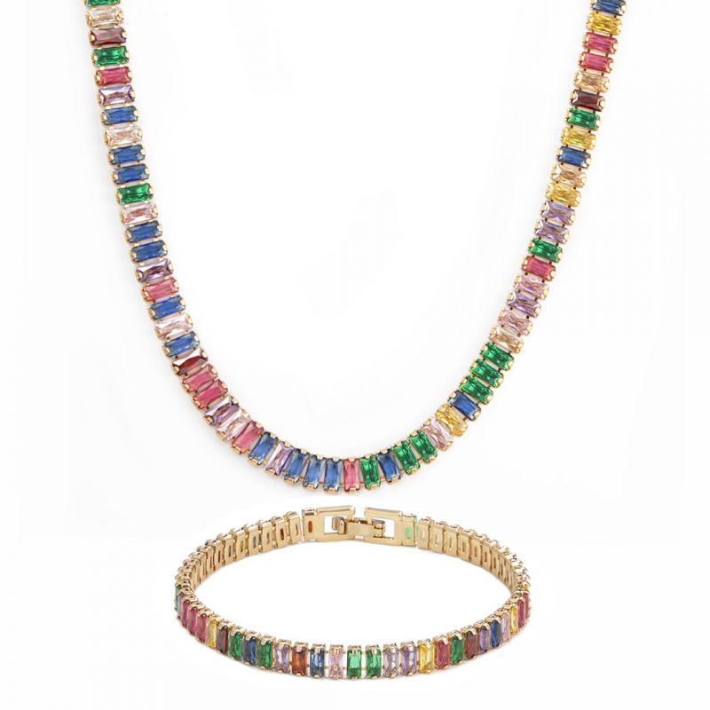Multicolor Emerald Cut Tennis Chain Set for Women