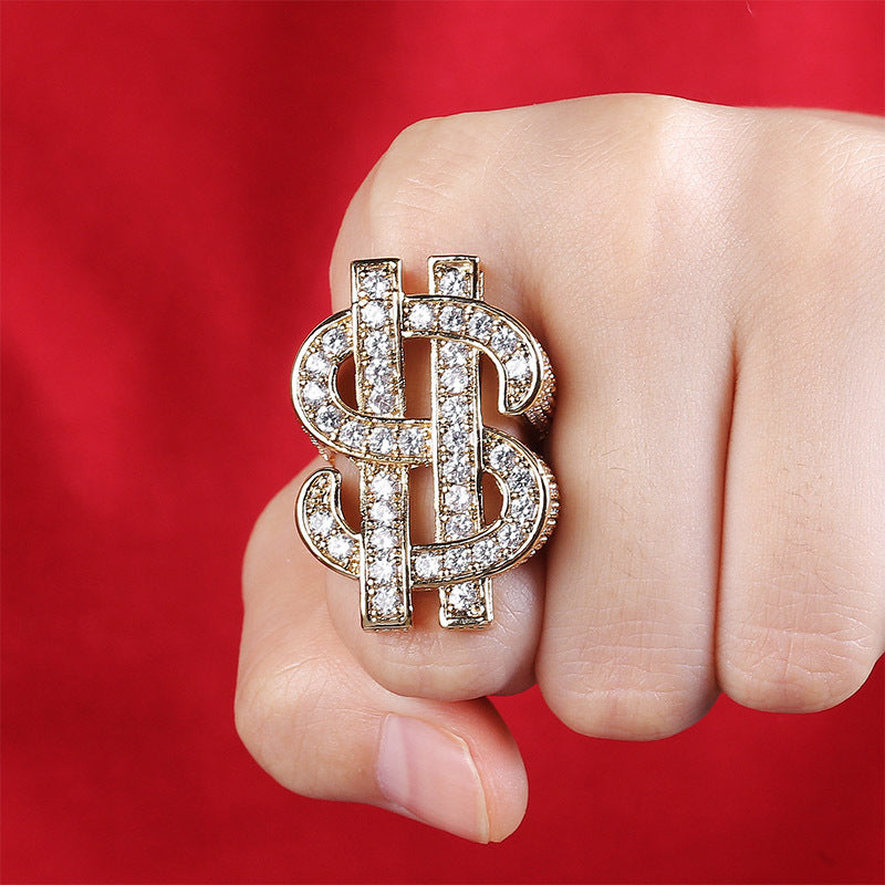 Iced Moissanite Money Dollar Sign Ring in Gold