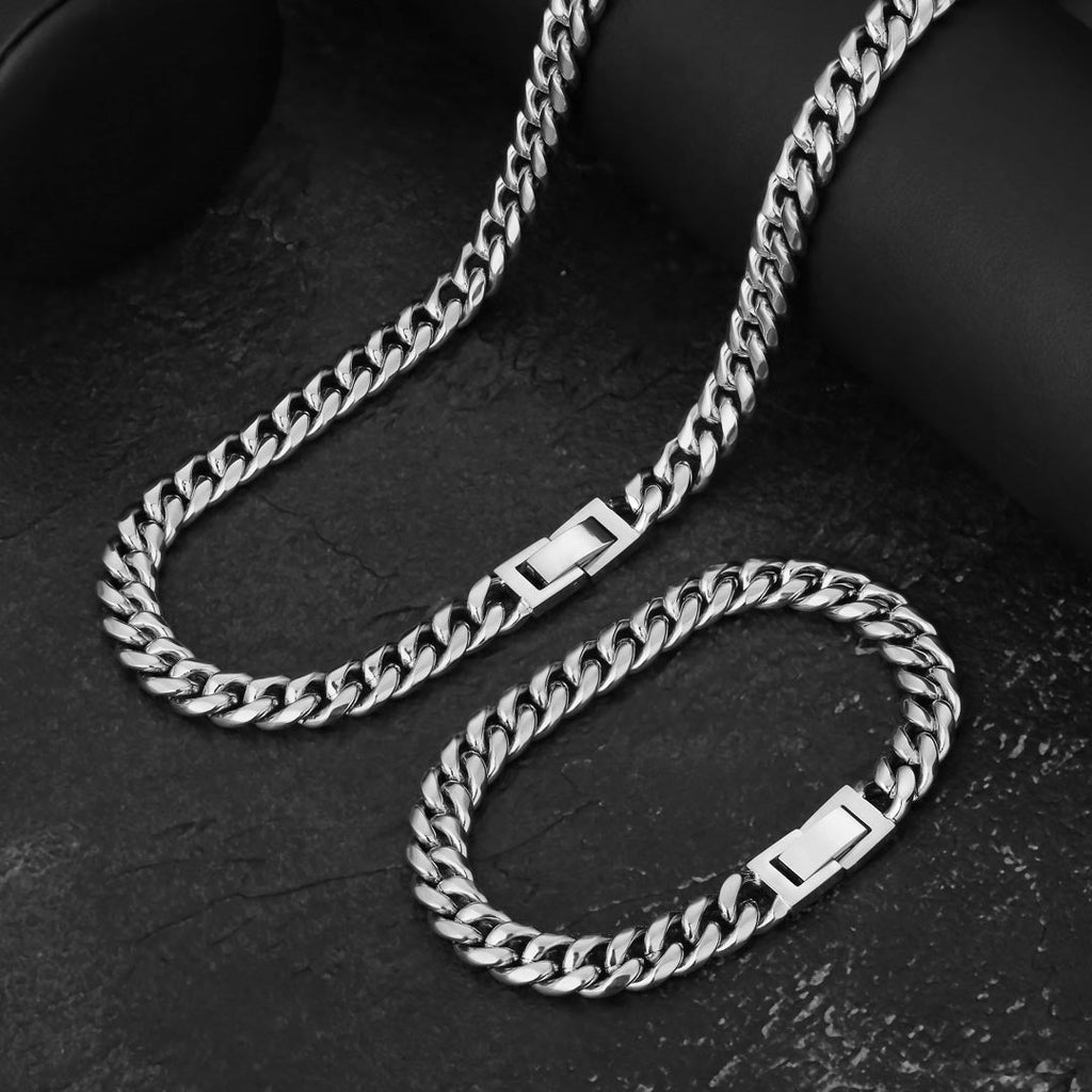 8mm Miami Cuban Link Chain and Bracelet Set in White Gold