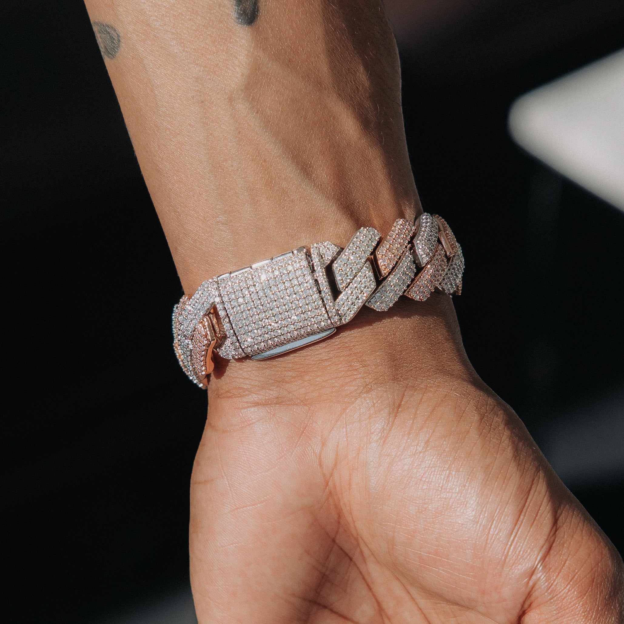 18mm Moissanite Prong Cuban Bracelet 2 Tone White/Rose Gold