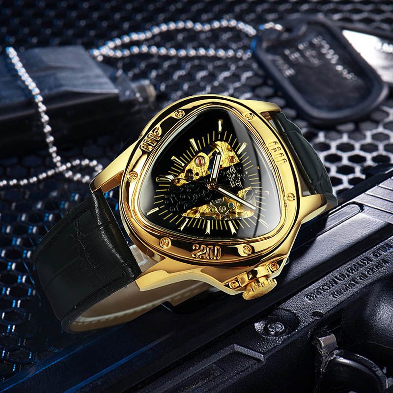 Triangle Skeleton Mechanical Watch with Leather Strap