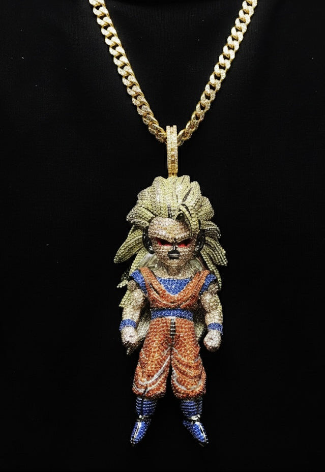 Hip Hop Jewelry: Extra Large, Fully Iced-Out, 3D Super Saiyan Pendant【B00】