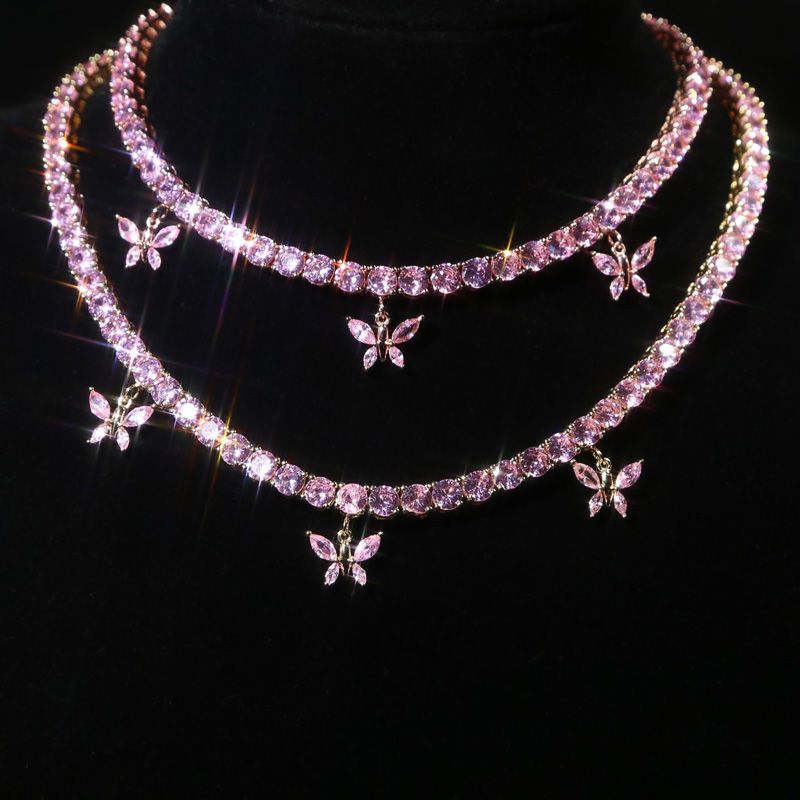 Iced Pink Butterfly 5mm Tennis Necklace Choker