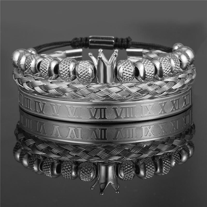 3Pcs Crown Beads and Roman Number Steel Bracelet Set