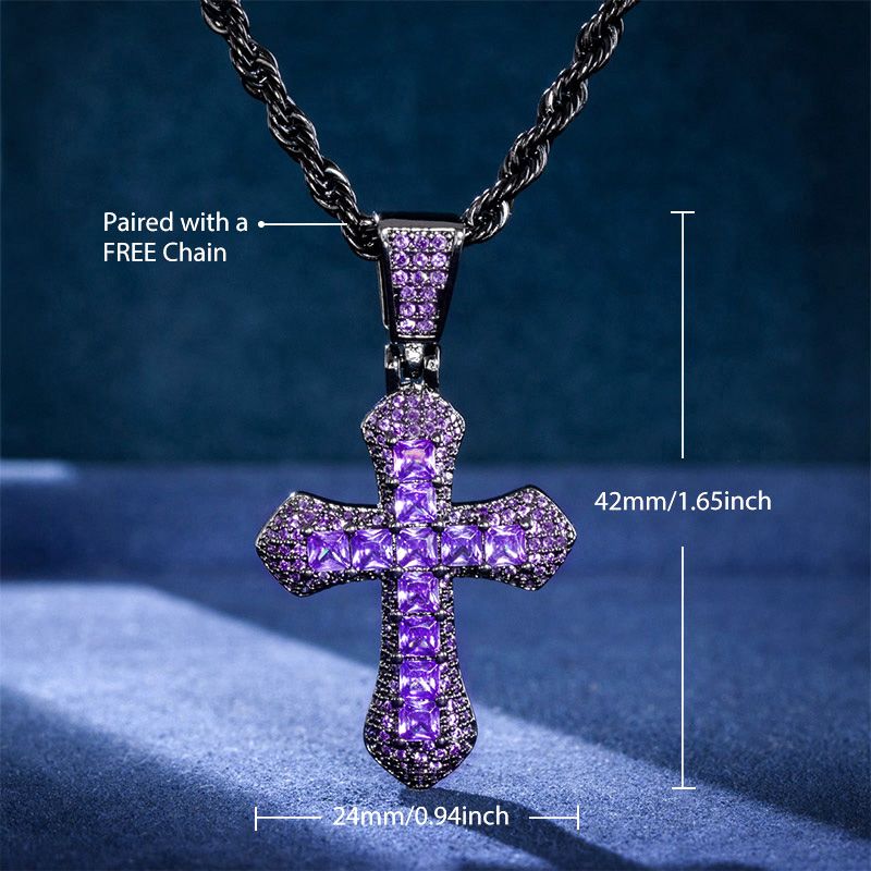 Iced Purple Princess Cut Cross Moissanite Pendant in Black Gold
