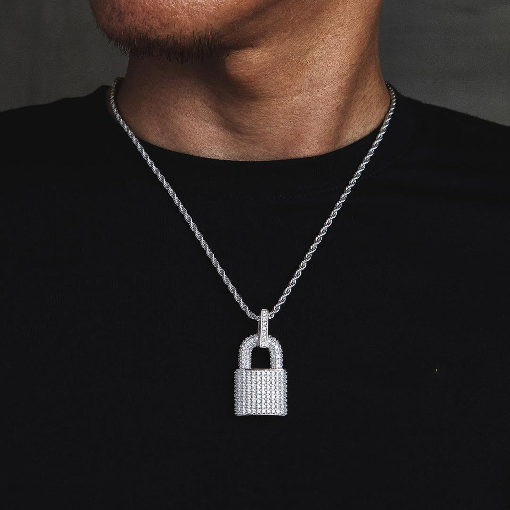 Iced Out Lock Mens Moissanite Pendant Necklace in White Gold