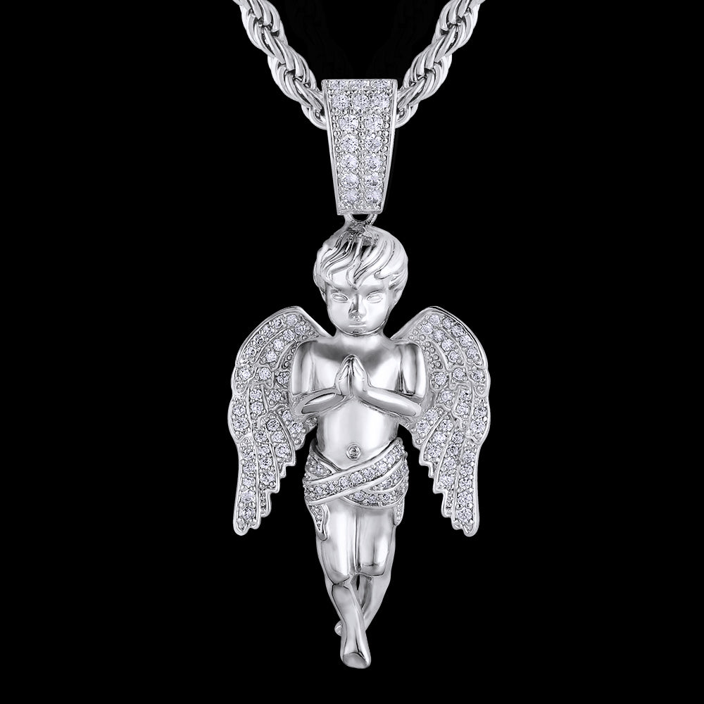 Iced Out Mens Angel Moissanite Pendant Necklalce in 14K Gold/White Gold