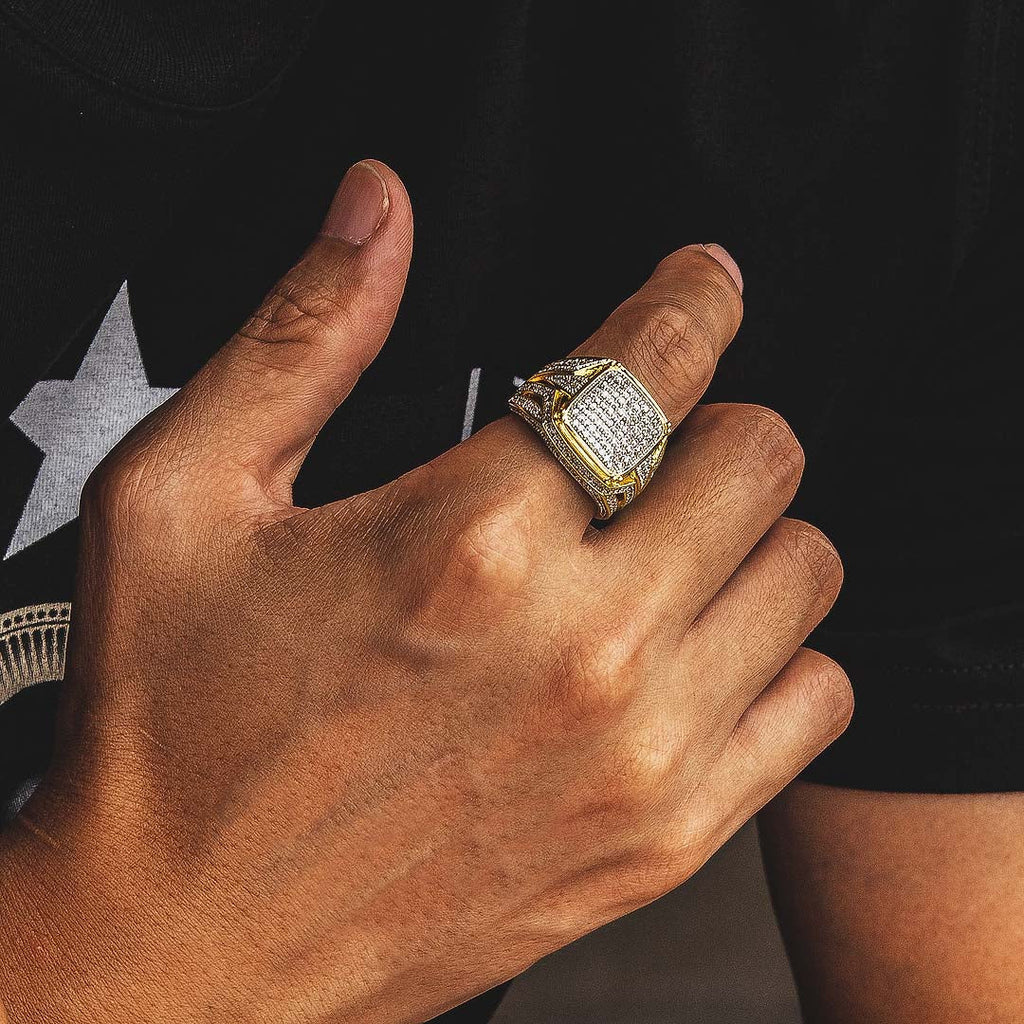 Moissanite Platform Mens Ring in 14K Gold