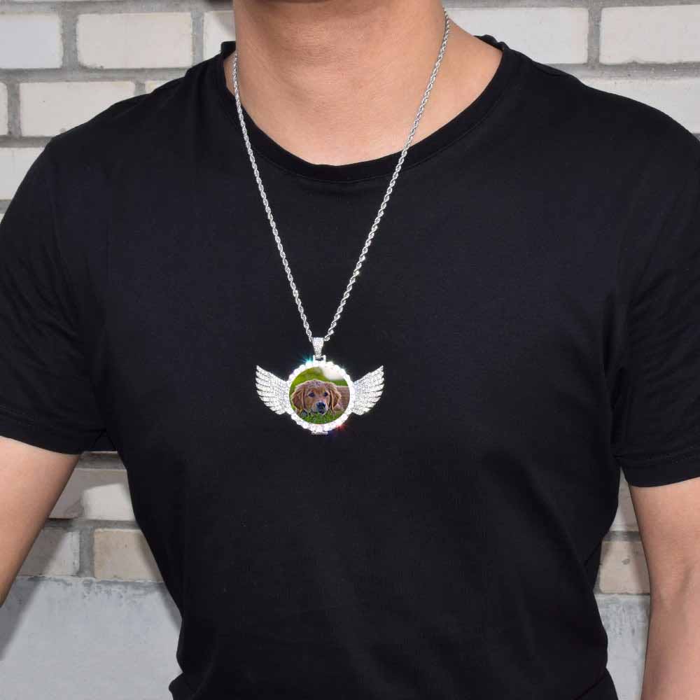 Custom Angel Wing Moissanite Necklace-Best Gifts For Men- Necklace With Picture Inside