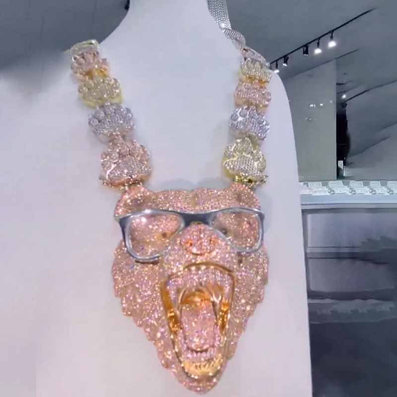3-D S925 Moissanite Diamond Wearing Glasses Bear Pendant Set