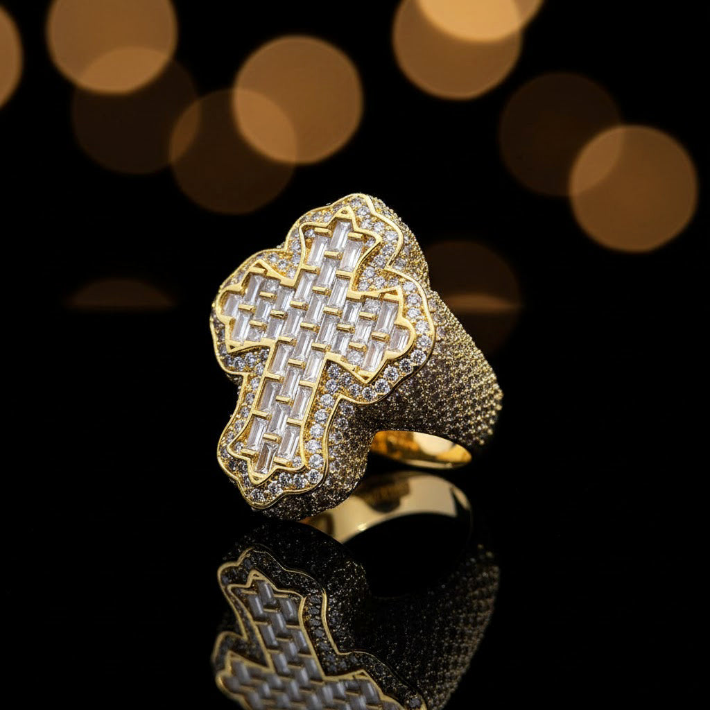 The Baguette Cross Iced-Out Ring【A51】