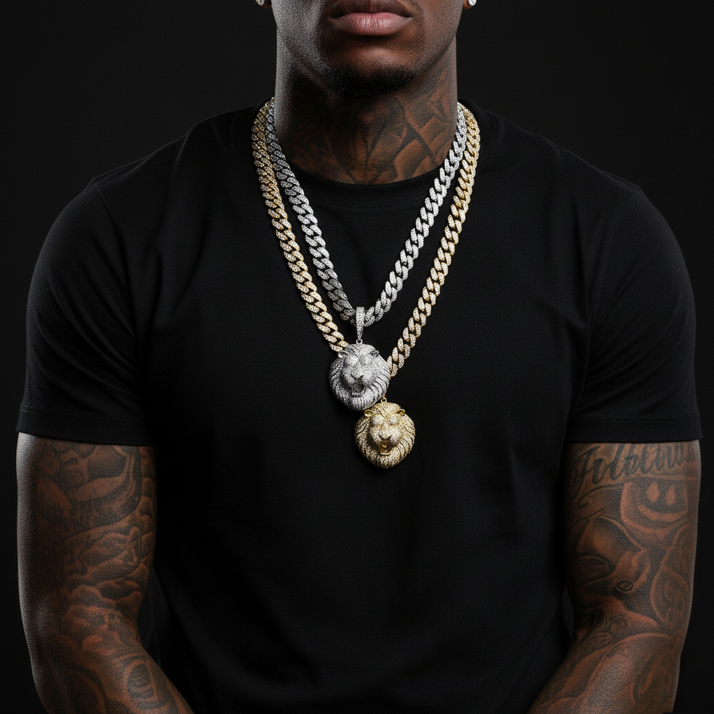 Iced-Out King Lion Pendant & Chain Set (Gold or Silver)【A21】